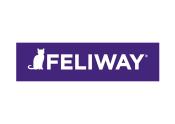 Feliway logo. A white silhouette of a cat and white text saying 'FELIWAY' on a purple background